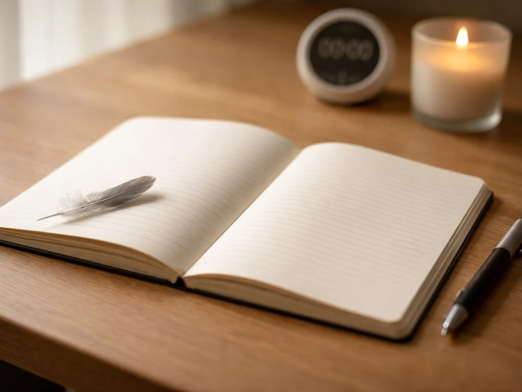 Open notebook on a desk with a small feather, candle, and timer suggesting journaling and setting an intention.