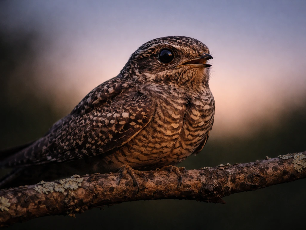 A nighthawk perched at dusk with a wide-eyed look against a soft twilight sky