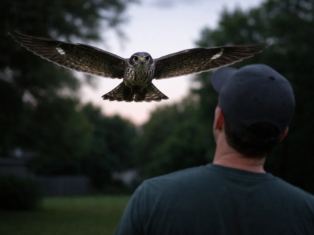 Nighthawk swooping at head level toward a person at dusk, wings spread, urgent proximity in a quiet yard.