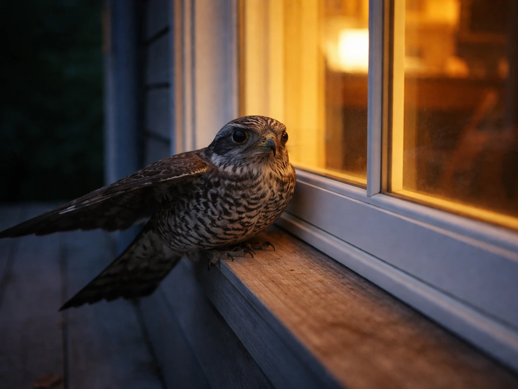 A nighthawk hovering near a porch window at dusk, softly lit by warm evening light.
