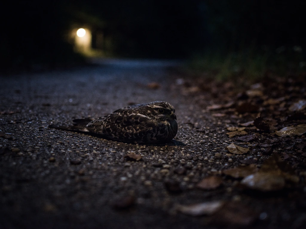 A nighthawk resting on a quiet path at night under faint porch light, with no people in frame.