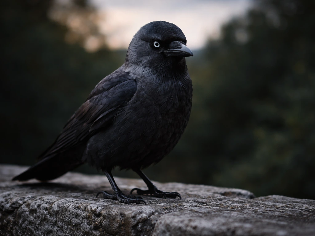 A close-up jackdaw perched and alert, feathers sharp in dramatic natural light.