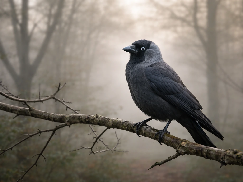 A jackdaw perched among bare branches, watching from a quiet, misty woodland edge