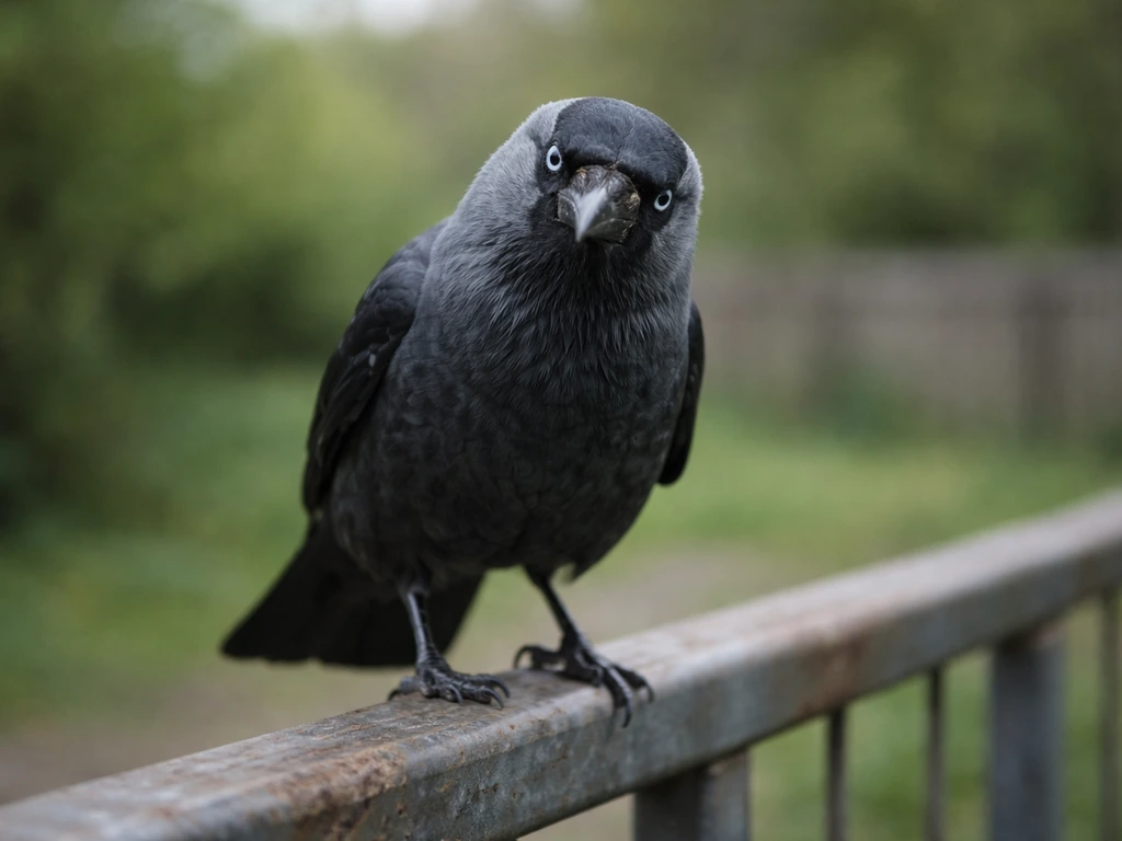 A close jackdaw perched by a railing, watching toward the camera in a quiet yard.