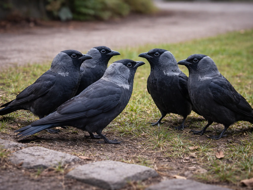 Multiple jackdaws gathered together on the ground near the viewer, close and alert in natural light.