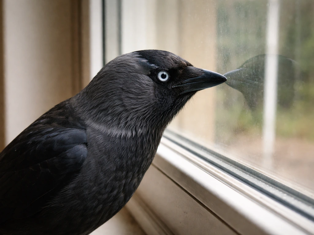 A jackdaw close to a window, tapping the glass as if repeatedly checking the home.