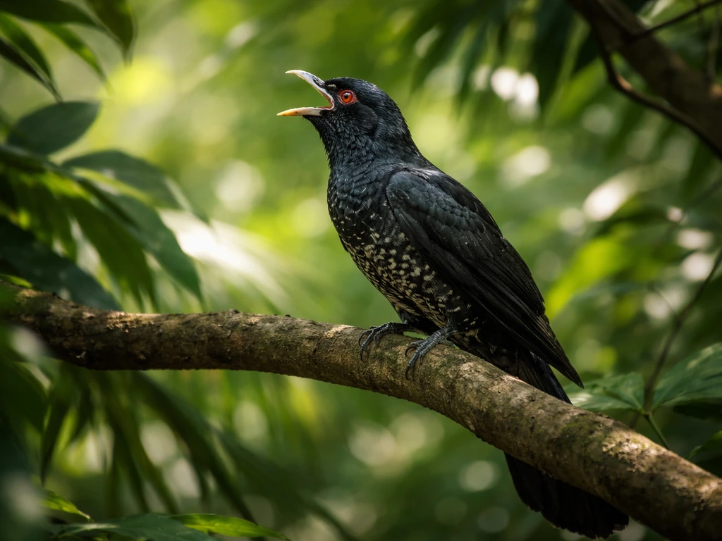 Asian Koel perched in dense tropical foliage, facing outward as if calling, in filtered natural light.