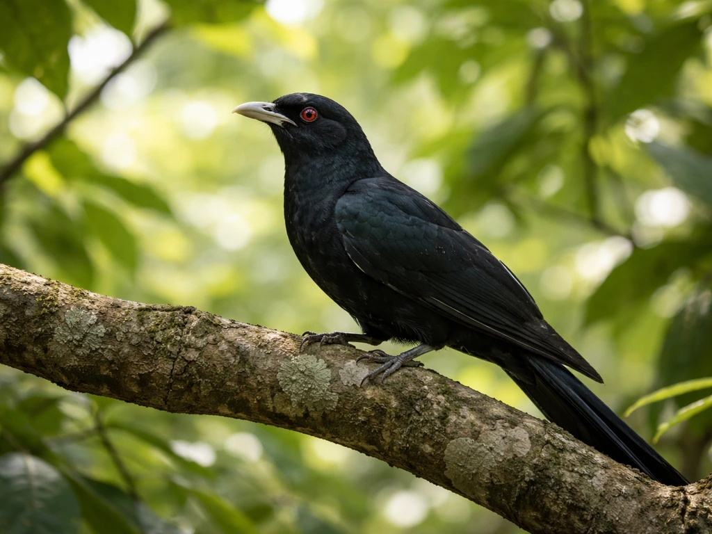 Asian koel perched on a tropical branch with lush green foliage in warm natural light.