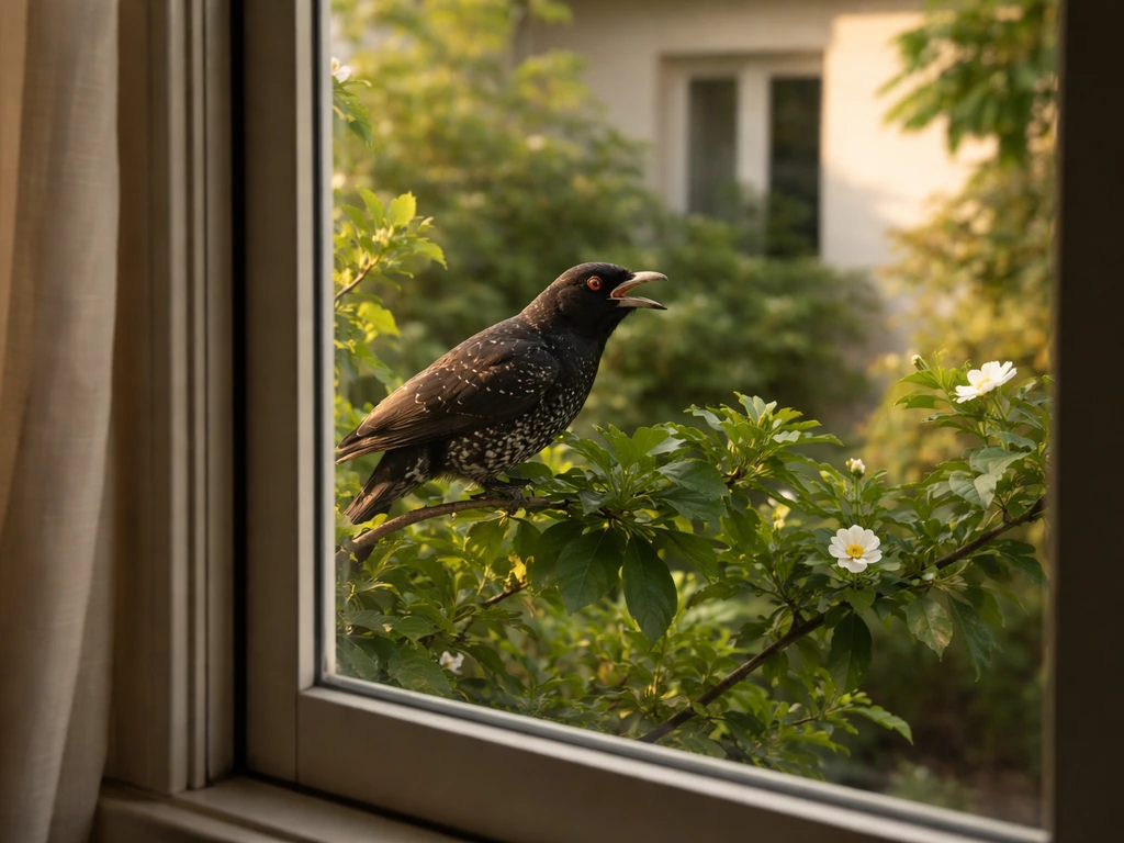 A koel perched near a home's window garden, calling with an intimate sense of persistent presence.