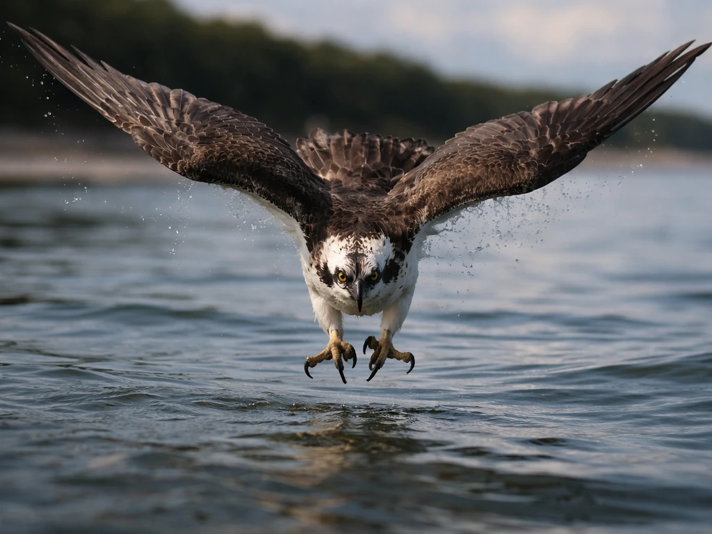 An osprey mid-dive over rippling water, wings stretched, captured in sharp motion