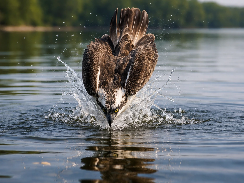Osprey diving into water with wings tucked, creating a powerful splash and spray in natural light.