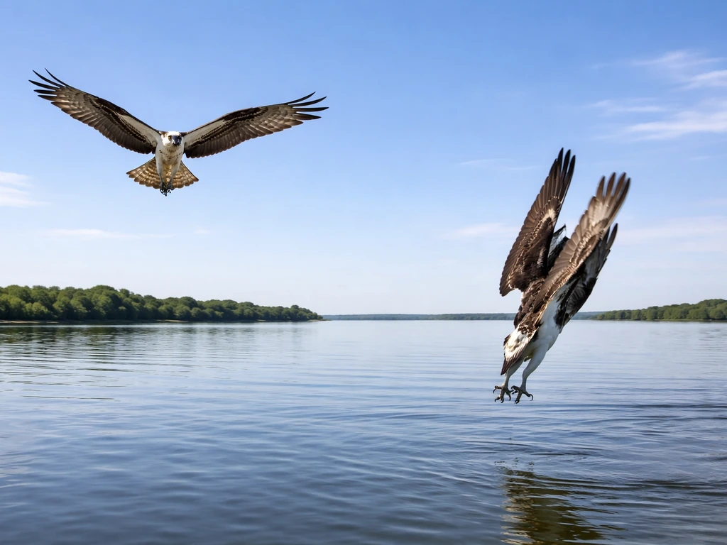 Osprey hovering above calm water on one side and actively diving with a catch on the other.