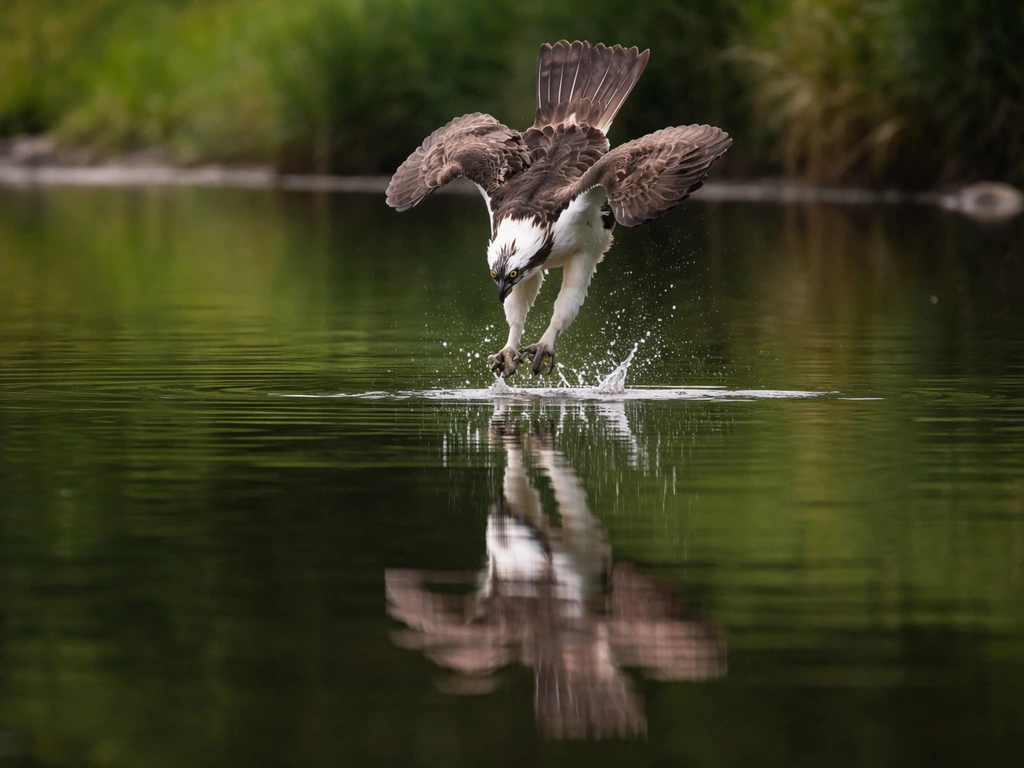 Osprey diving into a calm river to catch a fish, water splashing, minimal natural background.