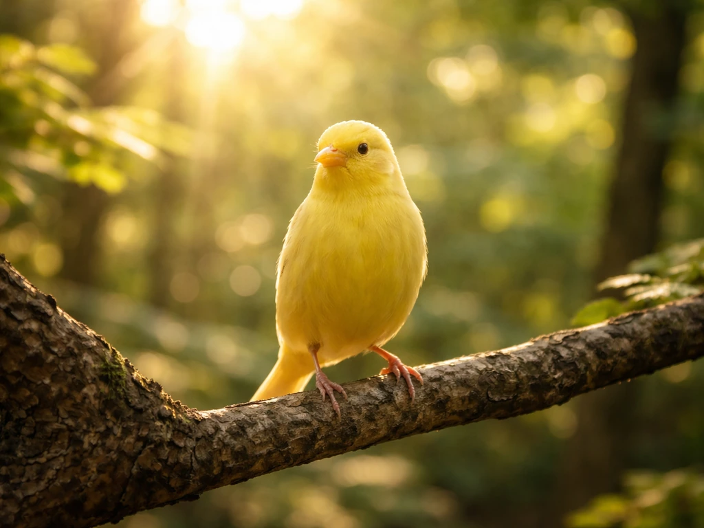 A canary-like bird perched on a branch under warm, spiritual lighting in a calm natural setting.