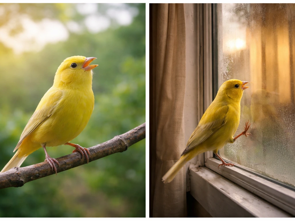 Two side-by-side photos of a canary-like bird—calm singing on a branch vs tapping a window at dawn.