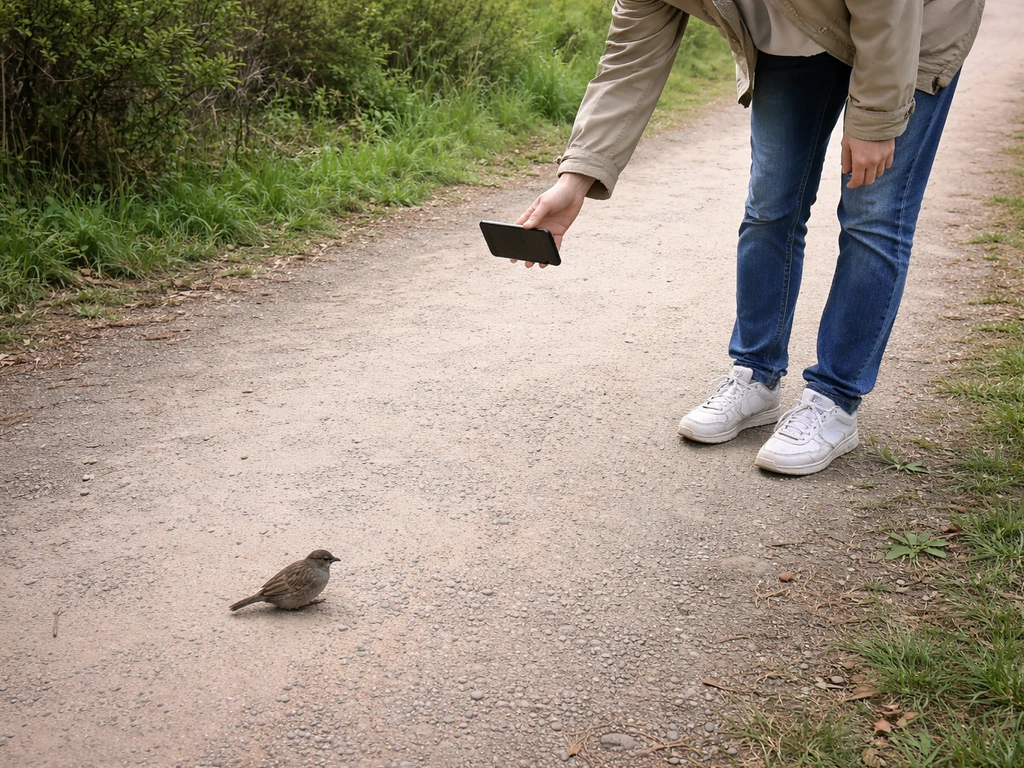 Person standing back from a bird, keeping distance and not touching it in a quiet outdoor setting.