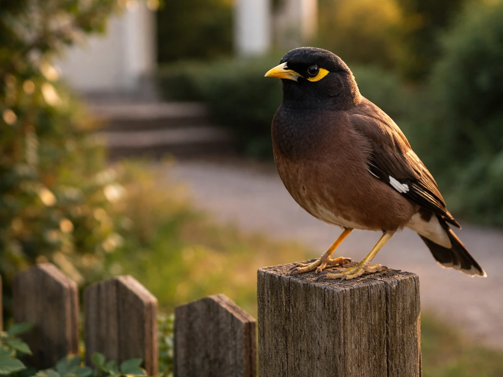 A myna bird perched near a home garden path at golden hour, calm and observant.