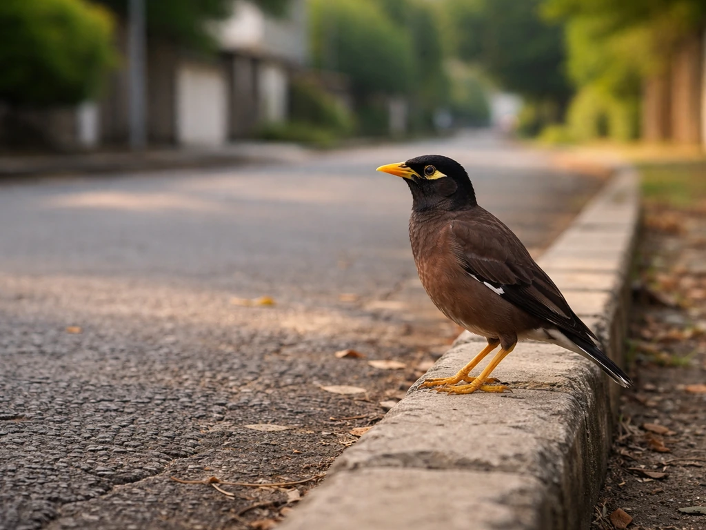 Single common myna bird perched on a street curb in South Asian daylight