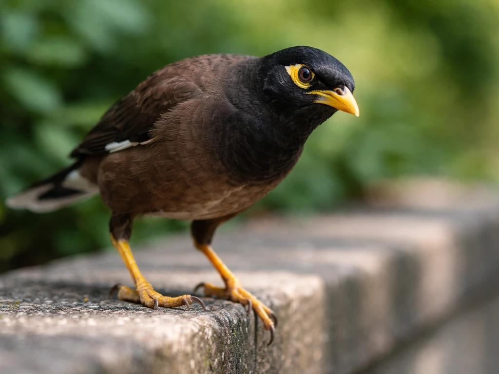 Close-up of an alert myna bird perched forward-leaning with head tilted, as if engaged nearby.