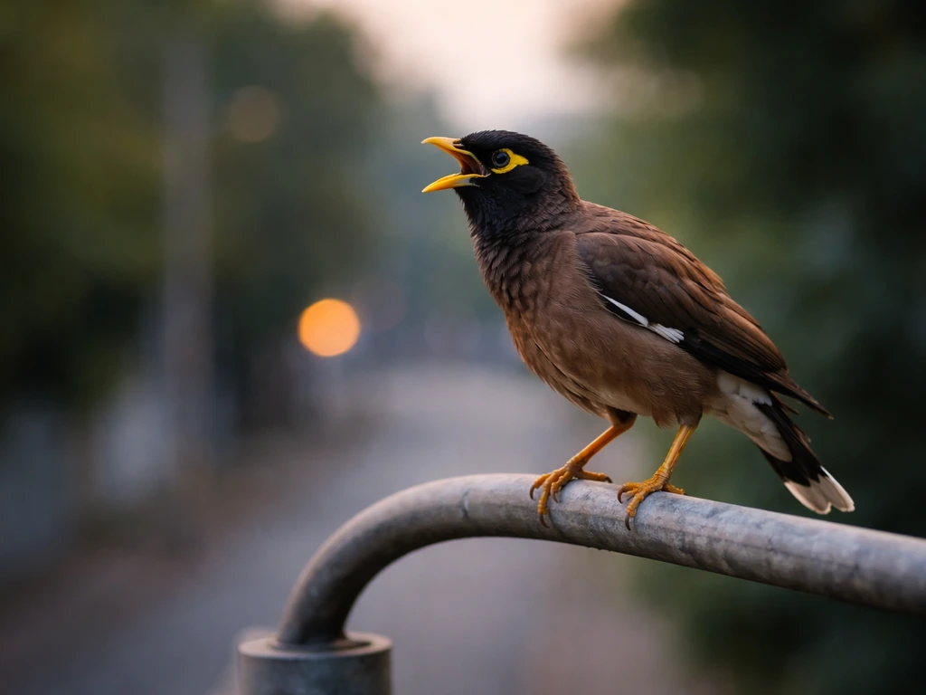 Myna bird perched on a streetlight, beak open mid-call at dusk with soft blurred background.
