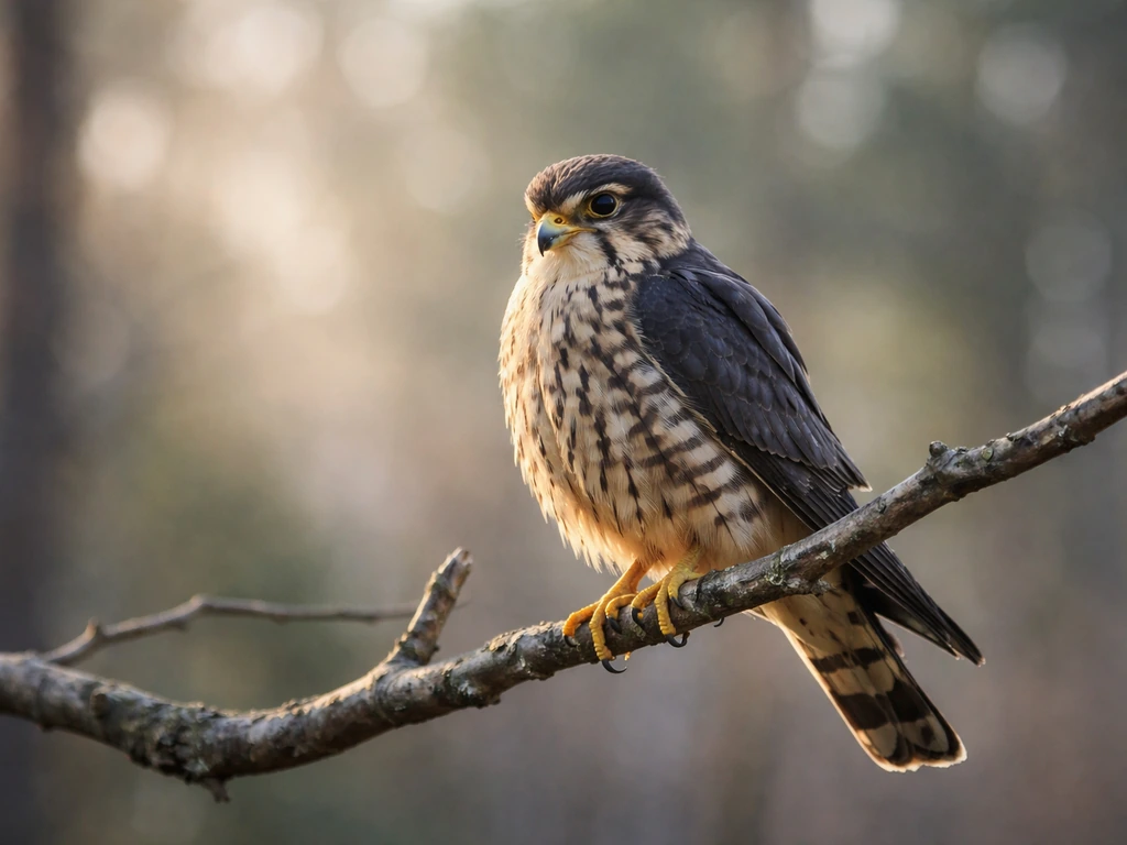 A merlin perched on a branch, alert and sharp-eyed in soft natural light