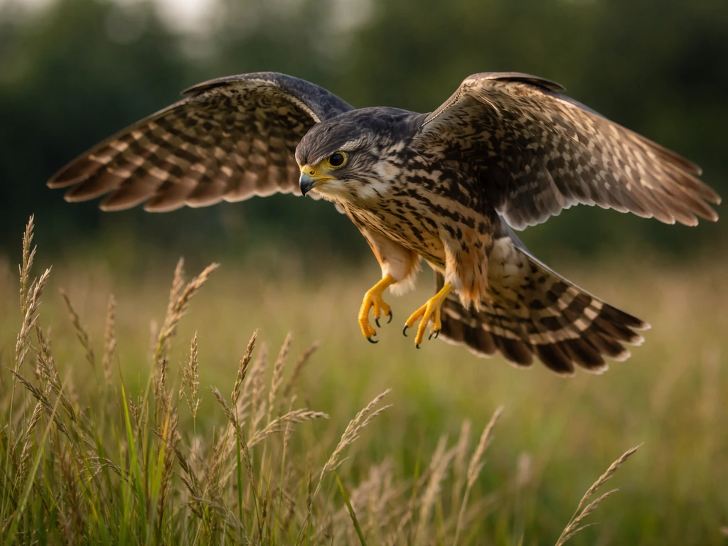 A merlin falcon hovering above tall grass, wings spread, focused on unseen prey.