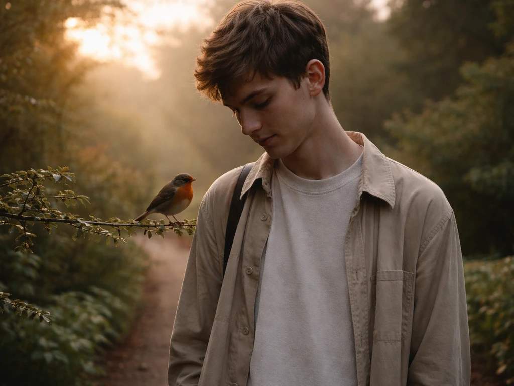 Person outside in calm morning light, looking at a small bird perched near them, thoughtful and reassured.