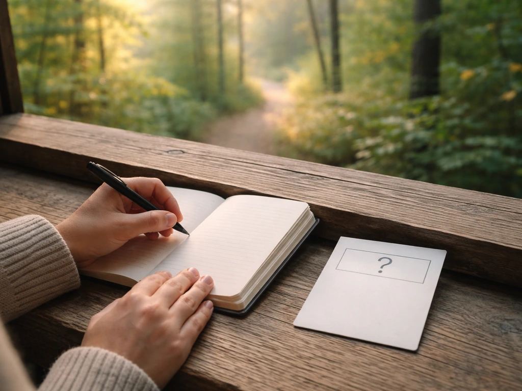Hands journaling on a park trail with a blank prompt card beside an open notebook.
