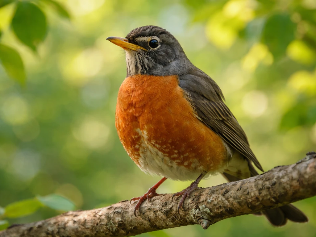Close-up of an American robin perched outdoors, red breast vivid against soft green foliage.