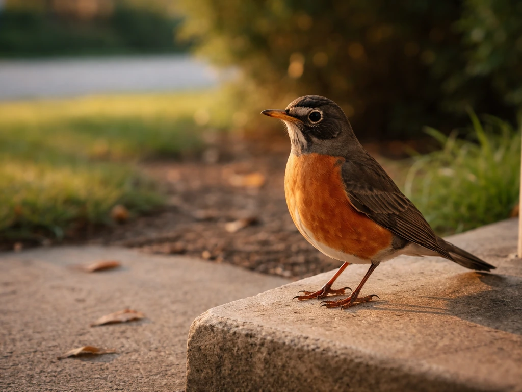 An American robin perched on a doorstep in warm morning light, with subtle hints of repeated visits in the yard.