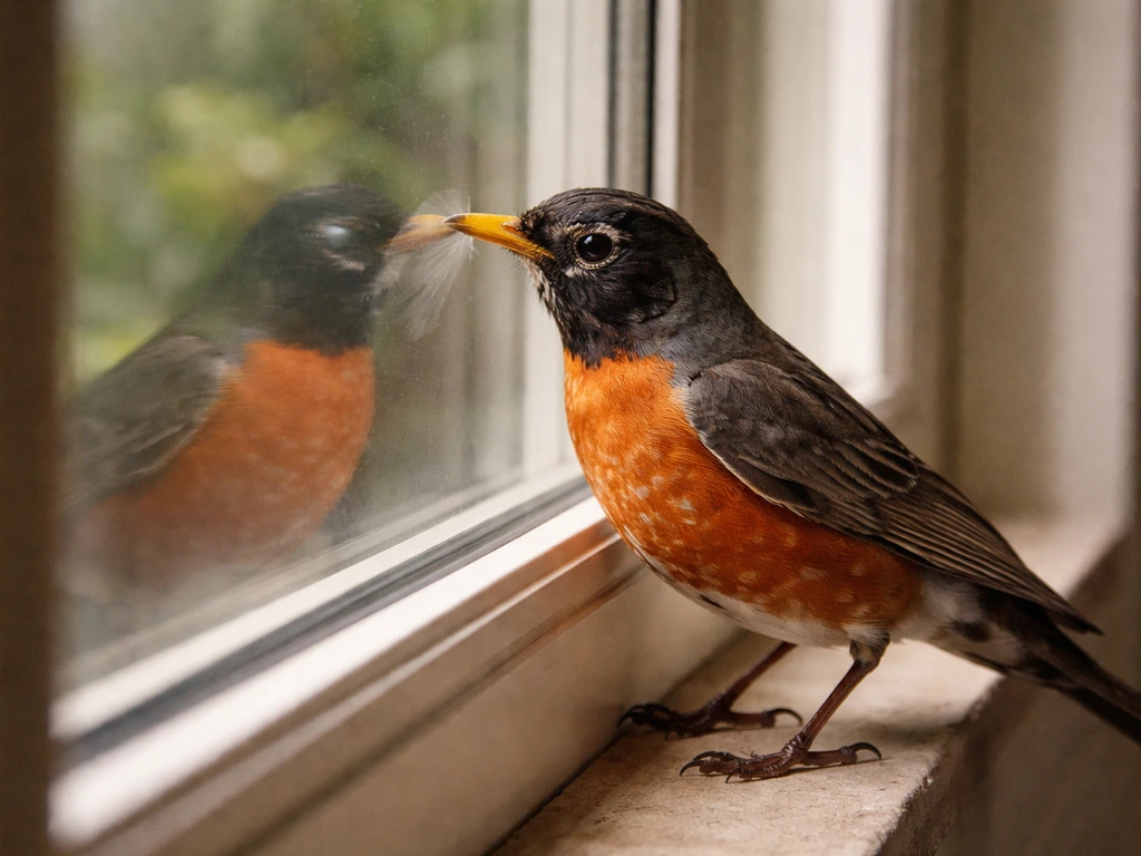 American robin perched by a home window, captured mid-tap as it touches the glass.