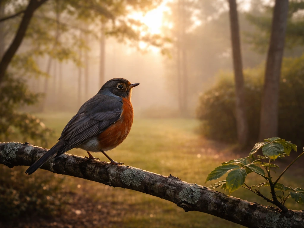 An American robin perched on a branch at sunrise in a quiet yard with soft morning light.