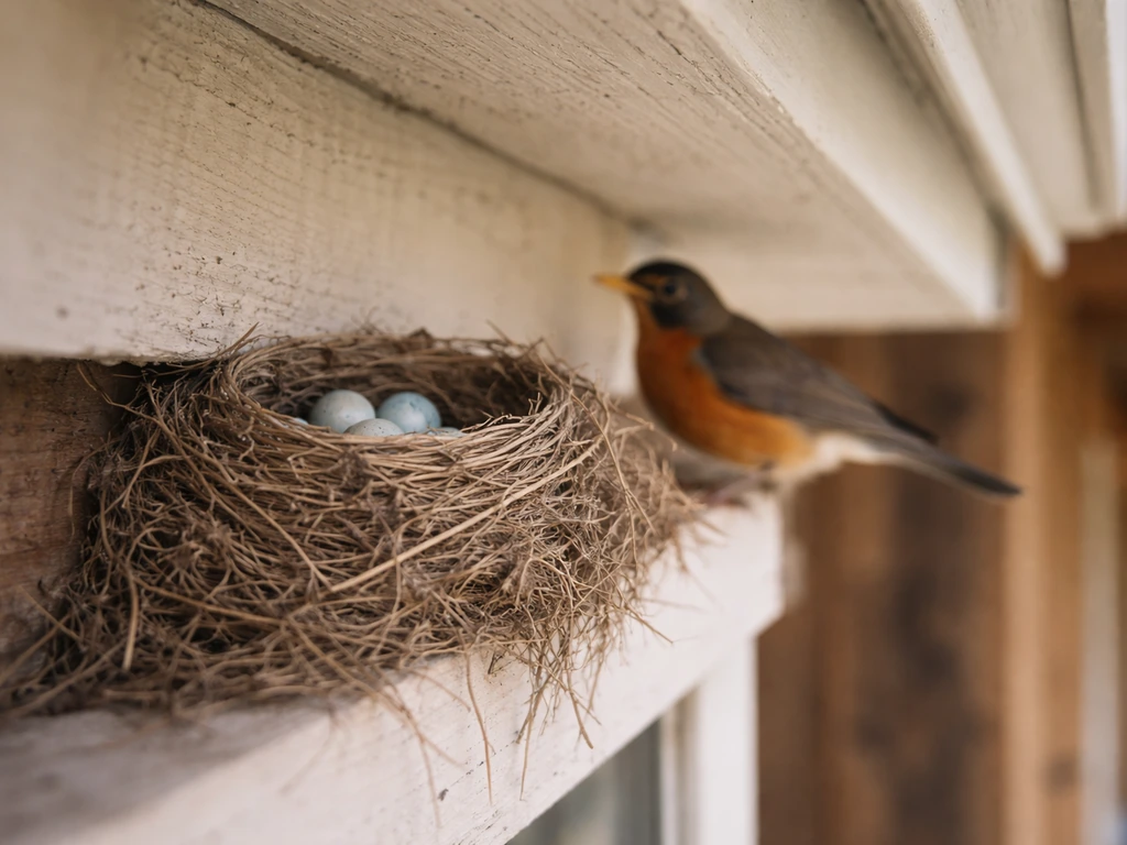 Close view of a robin nest tucked under a home eave with soft daylight and protective shelter
