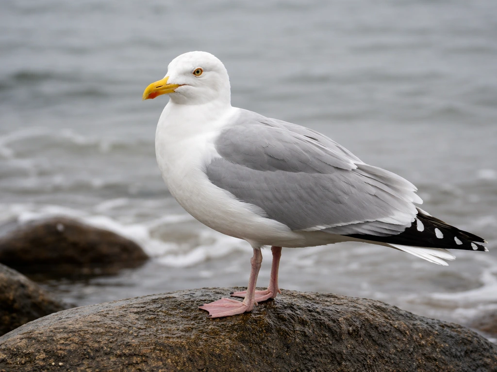 Herring gull perched at the shoreline, showing white body, gray wings, and black-and-white wingtips.