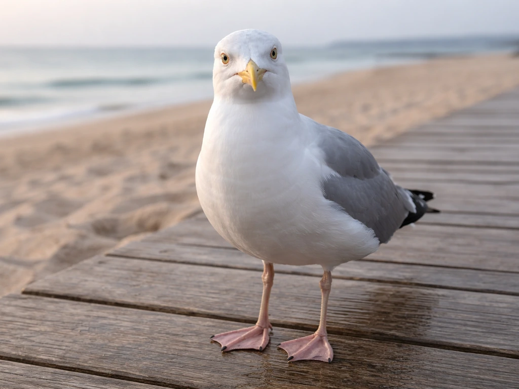 A calm herring gull stands close on a beach boardwalk/path, making direct eye contact.