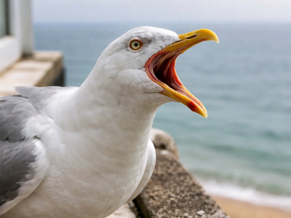 Close-up of a herring gull with an open beak calling loudly, with a blurred coastal background.