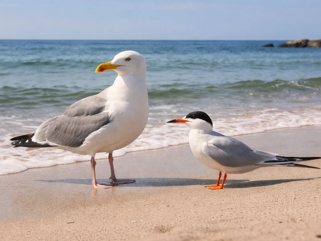 Herring gull and a related seabird perched on a quiet sandy shoreline with gentle ocean waves behind.