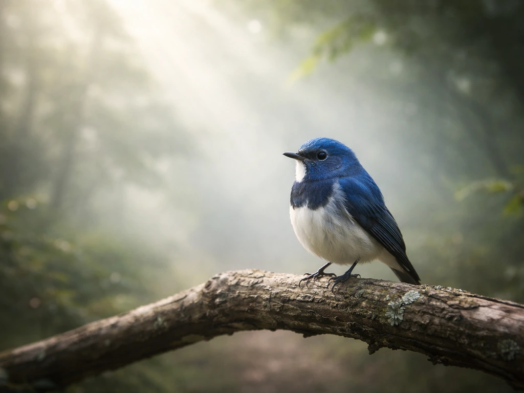 Blue-and-white bird perched on a branch in soft ethereal light in a calm natural setting