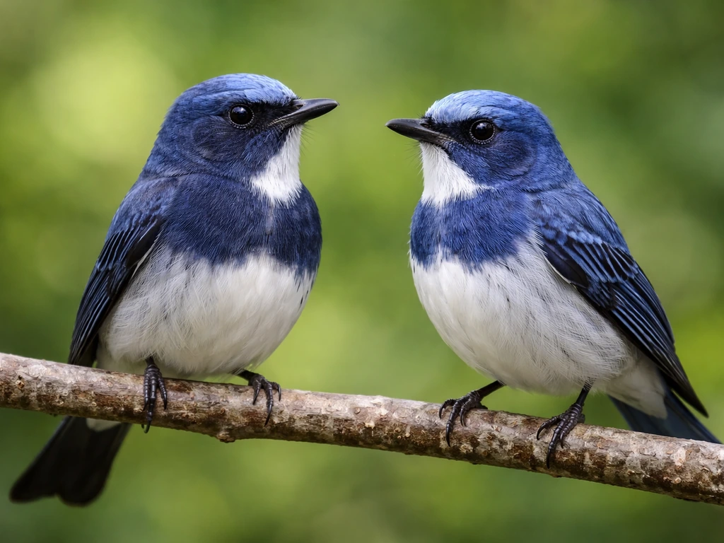 Two blue-and-white birds perched on a branch, side-by-side with distinct feather patterns.