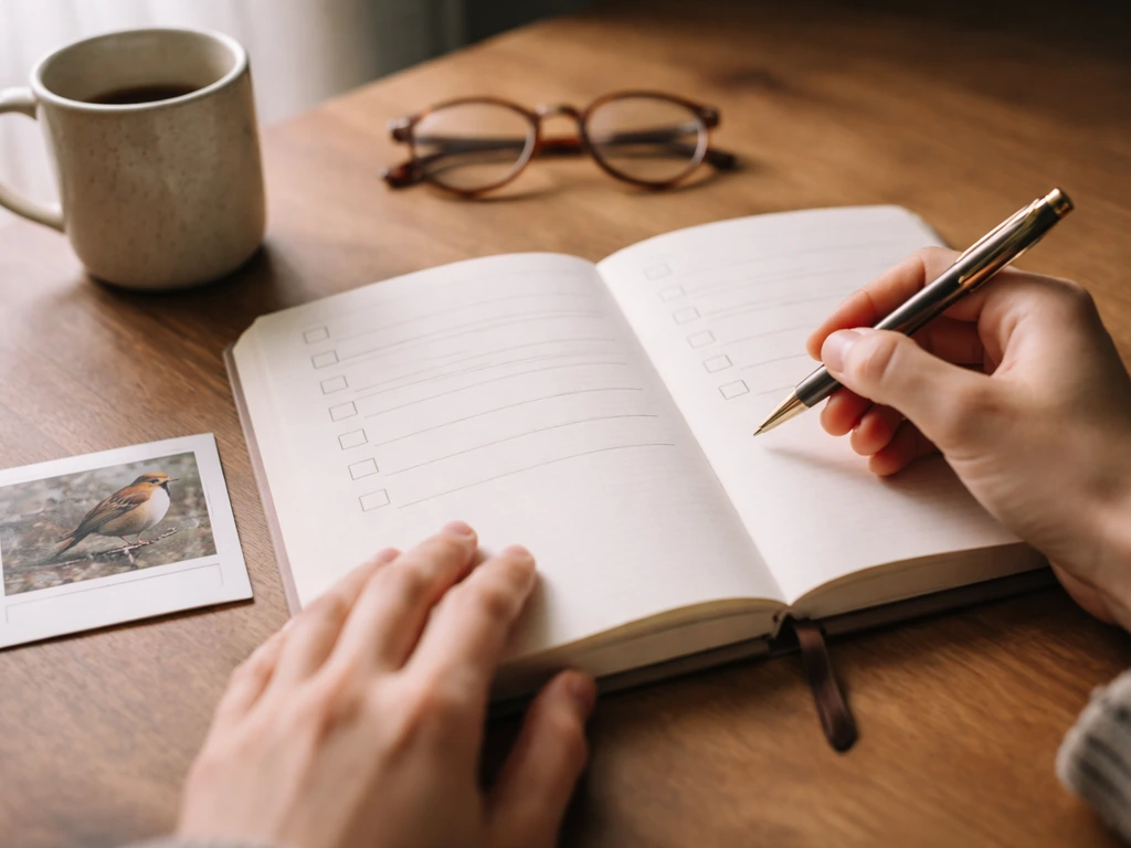 Close-up of hands journaling on a wooden desk next to a small bird photo for verification.