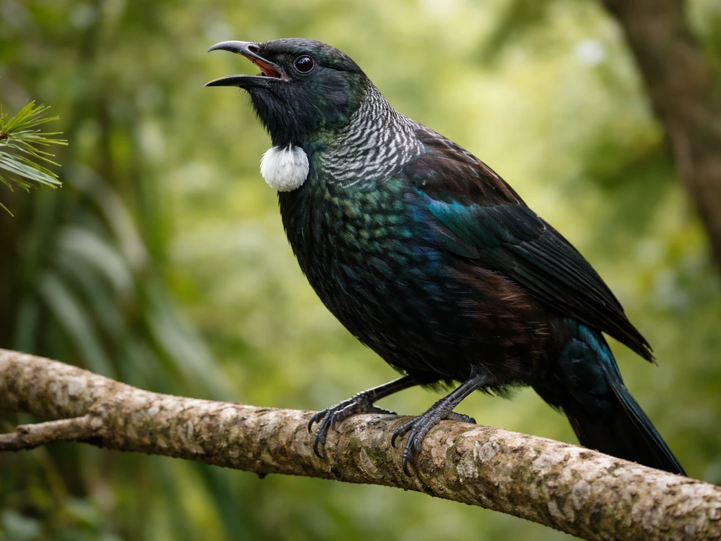 Close-up of a tūī bird in New Zealand with iridescent feathers, beak visible, perched on a branch.