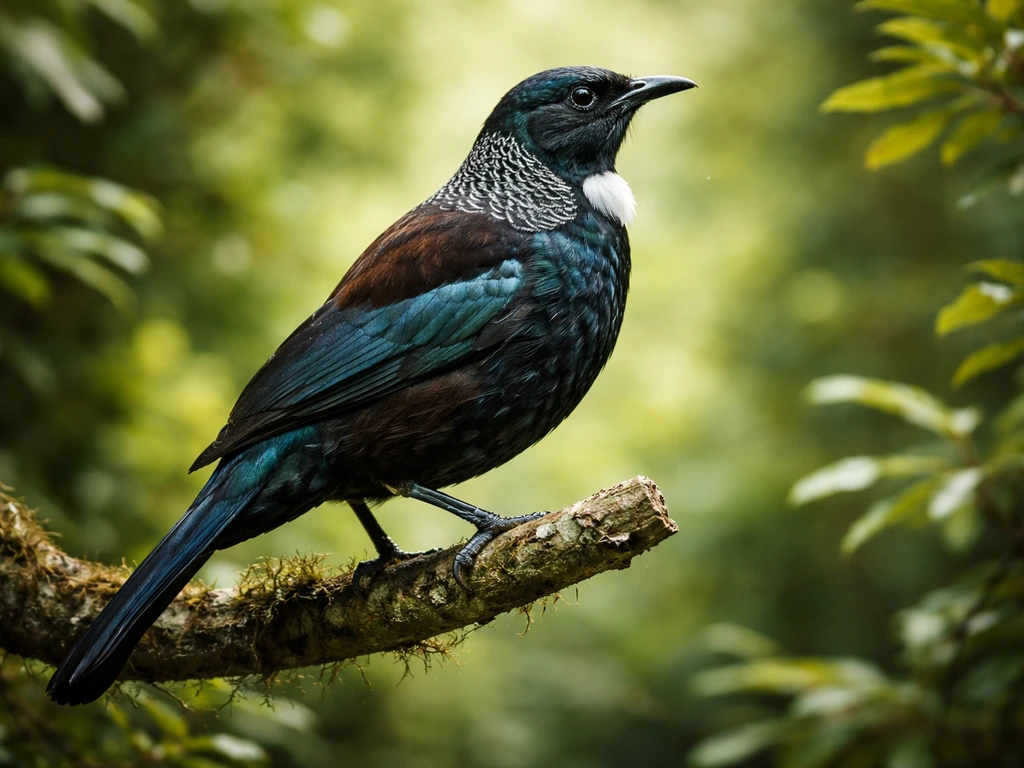 A tūī perched on a branch in New Zealand bush, showing iridescent black-blue feathers and a light throat patch.