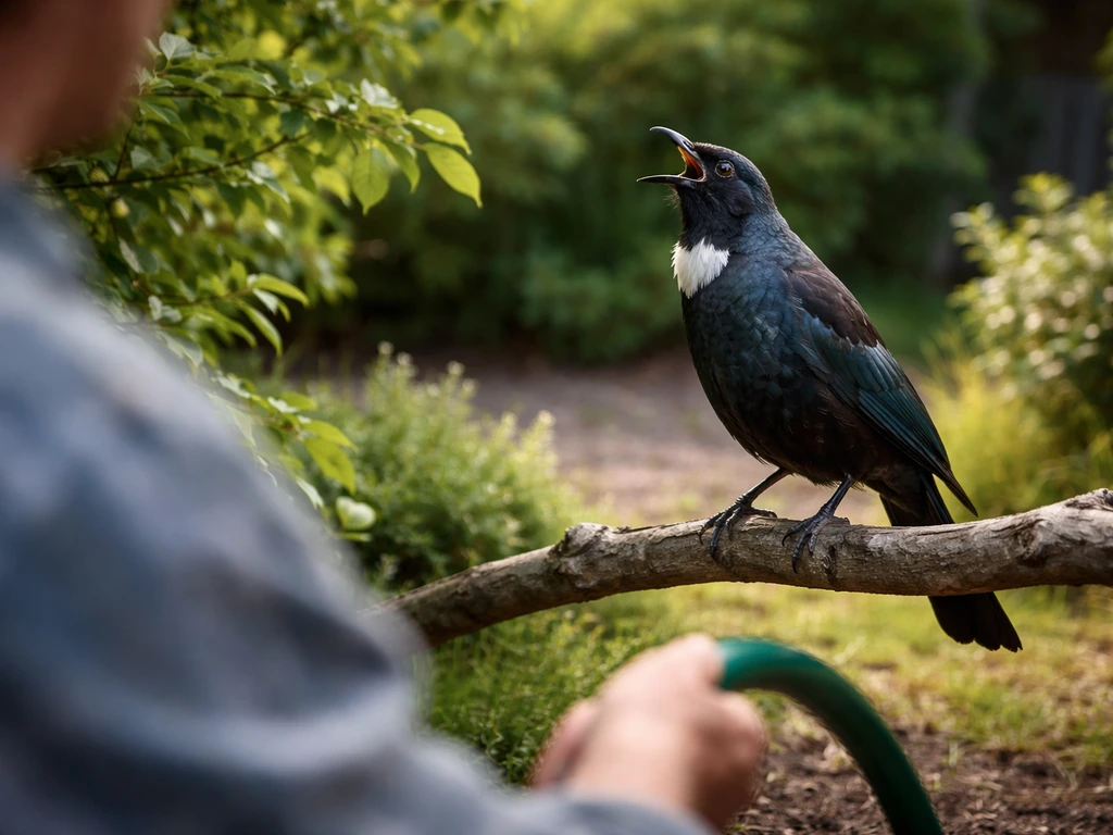 A tūī bird perched nearby, singing in a quiet garden with soft natural light.