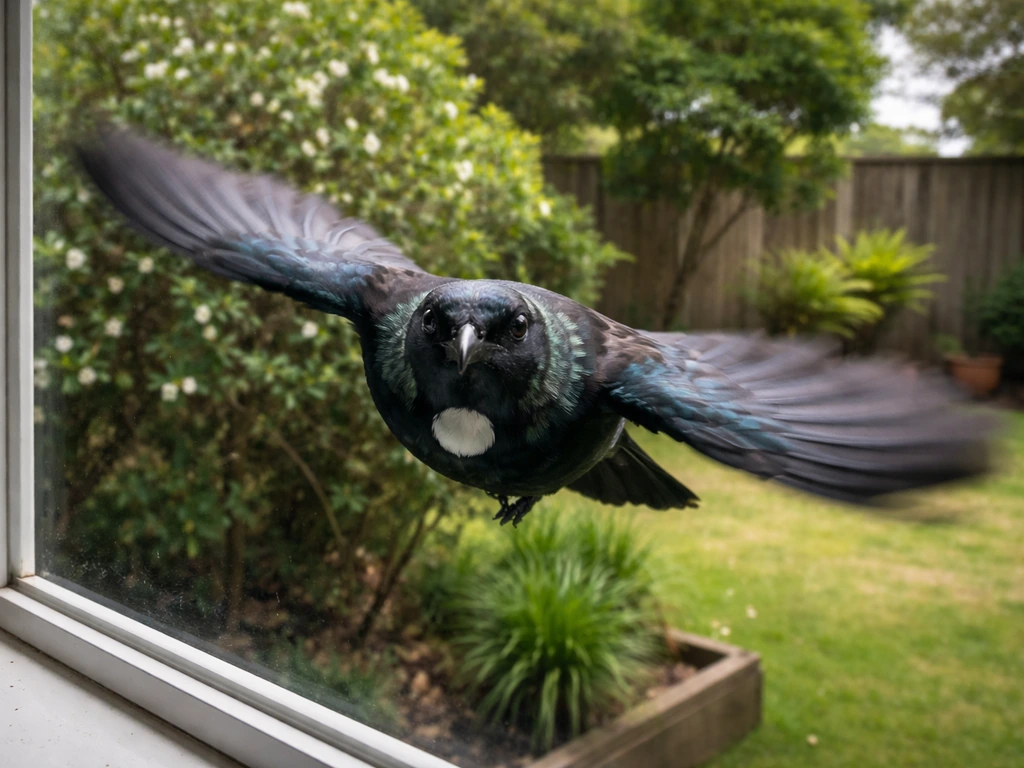 A tūī swoops low past a backyard window line, wings spread, as it flies close to the viewer.