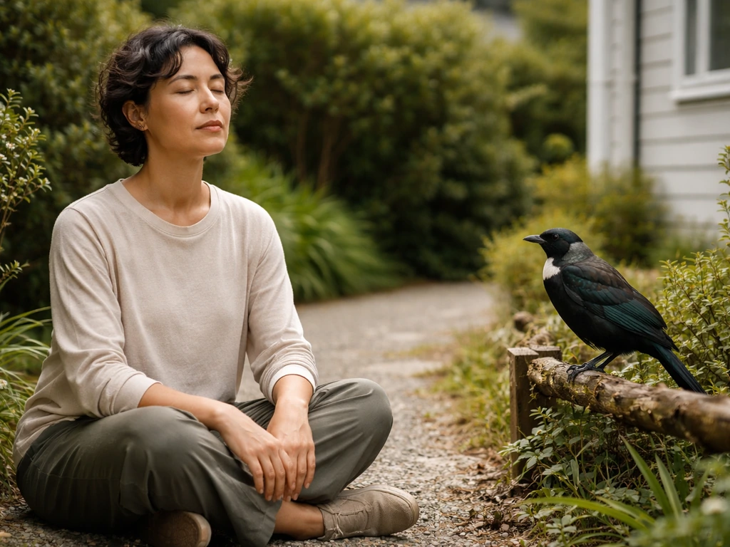 Person sitting calmly outdoors near home, taking slow breaths while a tūī perches nearby on a branch.