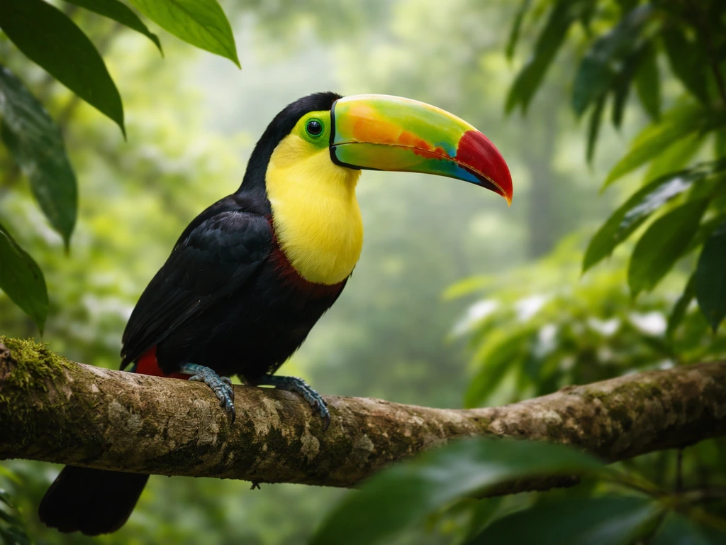 Vibrant toucan perched among lush green rainforest leaves, bright beak in sharp focus.