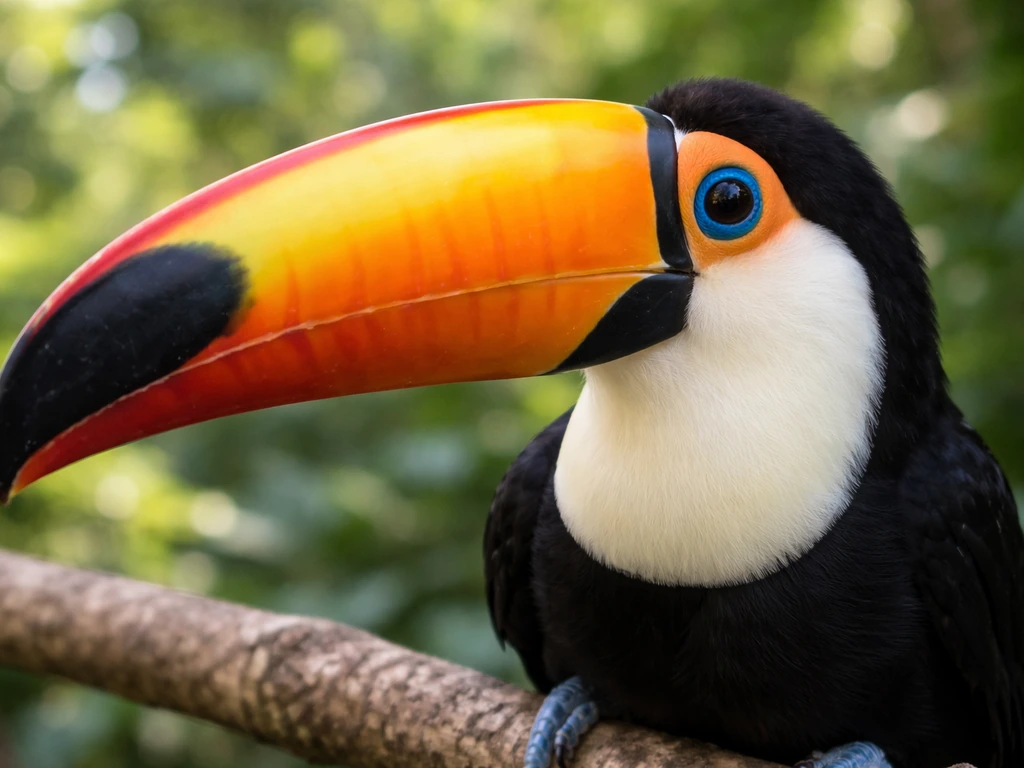 Close-up of a toucan’s colorful beak and face with expressive, vibrant colors in a calm natural setting.