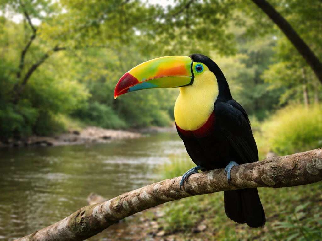 A vibrant toucan perched on a branch near a small riverbank in open woodland.