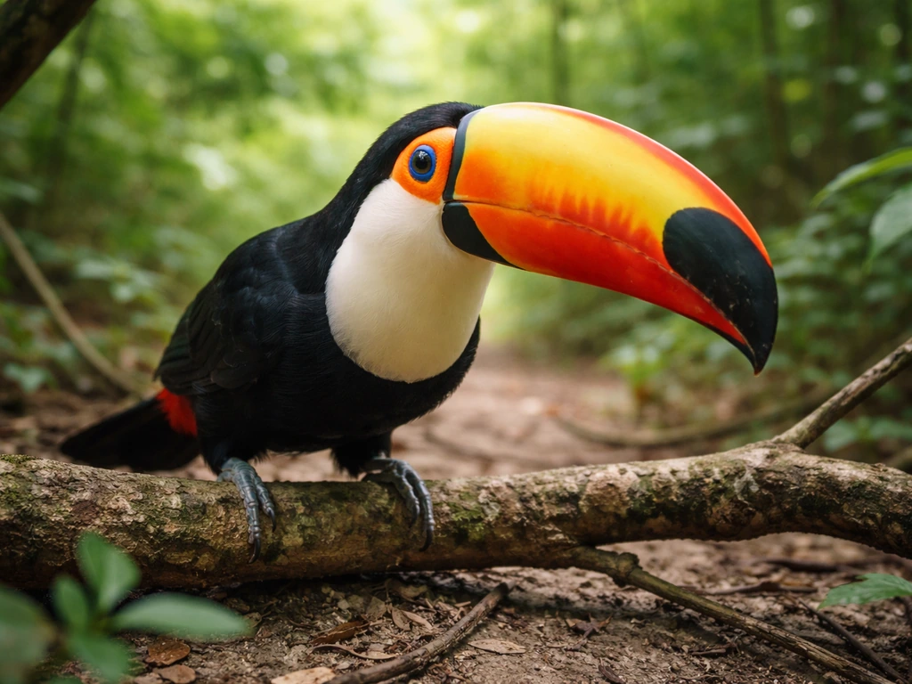 A toco toucan lands very close on a low branch, with nearby twigs showing it came near.