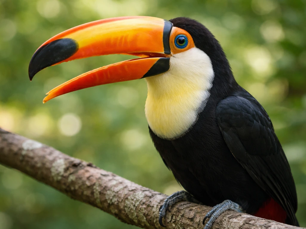Close-up of a toucan perched on a branch, showing bold beak colors and calling posture.